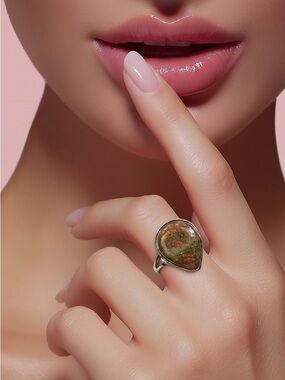 Unakite genuine gemstone ring adjustable silver overlay stamped 925 pear shape‎